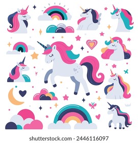 Illustration of a cute unicorns, rainbows, cute clouds, hearts and stars, vector image of 6 colors, suitable for silk screen printing