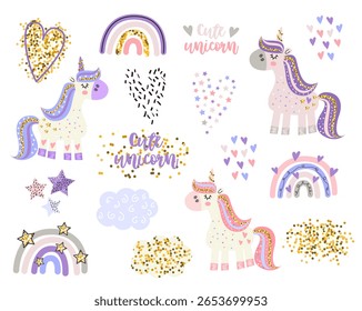 Ilustração de unicórnios bonitos definidos em um fundo branco.