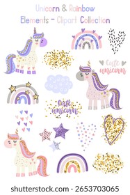 Ilustração de unicórnios bonitos definidos em um fundo branco.