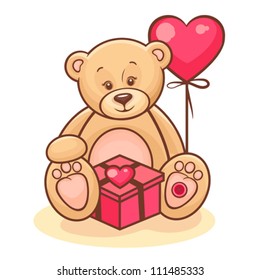 Illustration Of Cute Valentine Teddy Bear With Gift And Red Balloon.