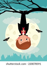 Illustration of cute vampire on Halloween night/Vampire on Halloween night/Vampire Halloween hanging from a tree upside down