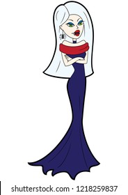 Illustration a cute vampire woman with fangs in an evening dress