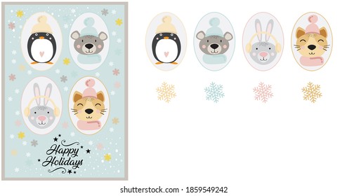 Illustration of cute vector animals for winter holidays in pastel colors with snowflakes. Penguin, bunny, teddy and kitten in the festive composition 