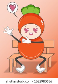 Illustration of cute vegetable and fruit characters, with heart-shaped eyes, waiting on a park bench, gradient background, vector, EPS 10