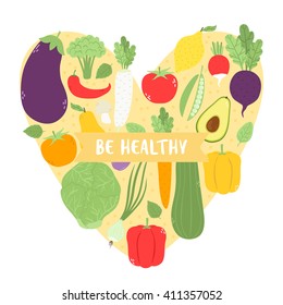 illustration with cute vegetables and fruits into heart frame with be healthy text message