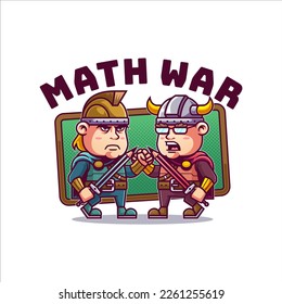 illustration of cute viking characters with pencil sword fighting in front of the blackboard