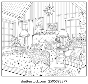 Illustration of a cute vintage bedroom. Page for coloring book. Ancient interior. Black and white drawing. French architecture. Hand drawn vector.