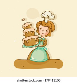 Illustration of a cute vintage girl holding a wedding or birthday cake