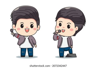 Ilustración de un lindo vocalista haciendo actuación. Carácter vector kawaii