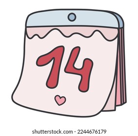 Illustration of cute wall calendar for Valentine's day.  14 February. Can be used for card, invitation, stickers. Isolated vector illustration on white background.