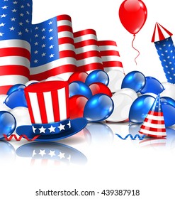 Illustration Cute Wallpaper in National American Colors with Balloons, Party Hats, Firework Rocket, Flag and Confetti - Vector