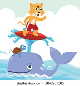 Illustration of a cute Whale and cat surfer with cartoon style. Creative vector childish background for fabric, textile, nursery wallpaper, poster, card, brochure. vector illustration background.