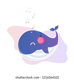 Illustration of a cute whale listening music with headphone