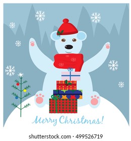 Illustration with cute white bear with Christmas gifts