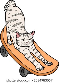 illustration of a cute white and black striped cat playing skateboarding