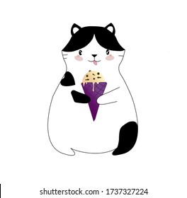 Illustration of a cute white cat with black spots with a milkshake. For a children's print. Design of cards, invitations, restaurants, cafes. Summer mood. Vector.