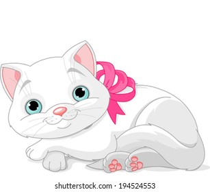 Illustration of cute white cat with pink bow