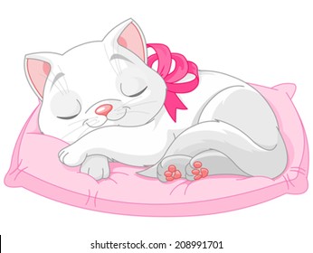 Illustration of cute white cat with pink bow seeping on pillow 