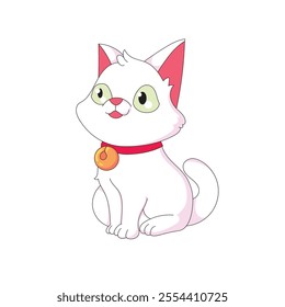 Illustration of a cute white cat with a red necklace sitting.