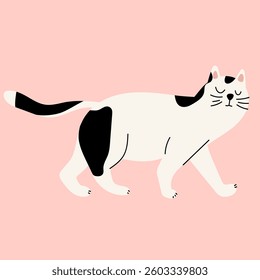 Illustration with cute white cat walking isolated on pink background. Vector illustration for your projects.