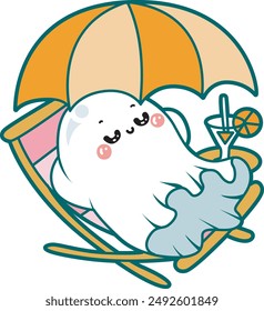 Illustration of cute white ghost icon.
Funny white ghost in activities stickers. A cute white ghost sleeping in the bottom of umbrella and drink beside it.