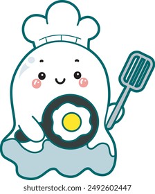 Illustration of cute white ghost icon.
Funny white ghost in activities stickers. A cute white ghosts wearing cheaf hat and bring spatula and teflon.