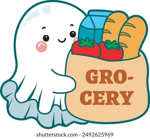 Illustration of cute white ghost icon.
Funny white ghost in activities stickers. A cute white ghosts bring a grocery bag.