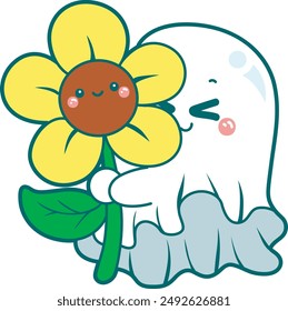 Illustration of cute white ghost icon.
Funny white ghost in activities stickers. A cute white ghosts hugging a big sunflower.