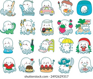 Illustration of cute white ghost icon.
A set of Funny white ghost in activities stickers.