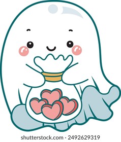 Illustration of cute white ghost icon.
Funny white ghost in activities stickers. A cute white ghosts bring a pink heart chocolate.