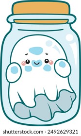 Illustration of cute white ghost icon.
Funny white ghost in activities stickers. A cute white ghost trapped in the jar.