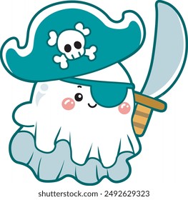 Illustration of cute white ghost icon.
Funny white ghost in activities stickers. A cute white ghost wearing a pirates costume with sword.