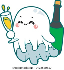 Illustration of cute white ghost icon.
Funny white ghost in activities stickers. A cute white ghosts drinking a champagne.
