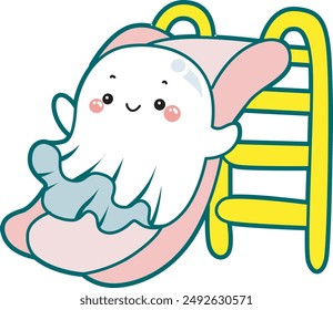 Illustration of cute white ghost icon.
Funny white ghost in activities stickers. A cute white ghost sliding in the playground.