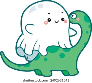 Illustration of cute white ghost icon.
Funny white ghost in activities stickers. A cute white ghost riding a green dinosaur.