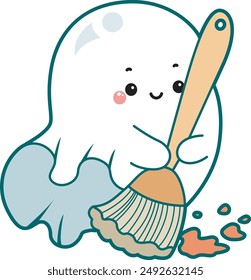 Illustration of cute white ghost icon.
Funny white ghost in activities stickers. A cute white ghost sweeping the floor with broom.