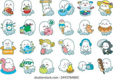 Illustration of cute white ghost icon.
Funny white ghost in activities stickers.
Elements of cute devil.