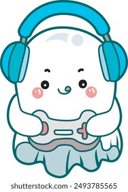 Illustration of cute white ghost icon.
Funny white ghost in activities stickers. A white cute ghost playing a games with headphone.