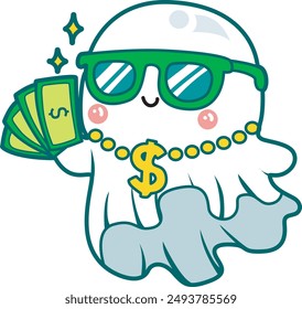 Illustration of cute white ghost icon.
Funny white ghost in activities stickers. A white cute ghost bring a moneys with dollar necklace and green eyeglasses.