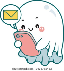 Illustration of cute white ghost icon.
Funny white ghost in activities stickers. A white cute ghost delivery a messages.