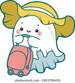 Illustration of cute white ghost icon.
Funny white ghost in activities stickers. A white cute ghost want to travelling.