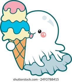 Ilustración del icono blanco lindo del fantasma.
Divertido fantasma blanco en actividades pegatinas. Un fantasma blanco lindo comiendo helado