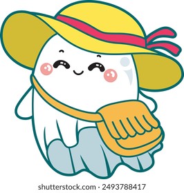 Ilustración del icono blanco lindo del fantasma.
Divertido fantasma blanco en actividades pegatinas. Un fantasma blanco lindo con traje de playa