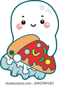 Illustration of cute white ghost icon.
Funny white ghost in activities stickers. A white cute ghost bring a large pizza