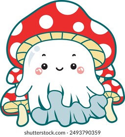 Illustration of cute white ghost icon.
Funny white ghost in activities stickers. A white cute ghost wearing hat mushroom.