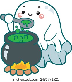 Illustration of cute white ghost icon.
Funny white ghost in activities stickers. A white cute ghost cooking a potion