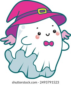 Illustration of cute white ghost icon.
Funny white ghost in activities stickers. A white cute ghost wearing witch costume with hat and wings.