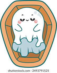 Illustration of cute white ghost icon.
Funny white ghost in activities stickers. A white cute ghost sleeping in the coffin