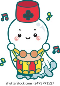 Illustration of cute white ghost icon.
Funny white ghost in activities stickers. A white cute ghost playing drum with marching band costume