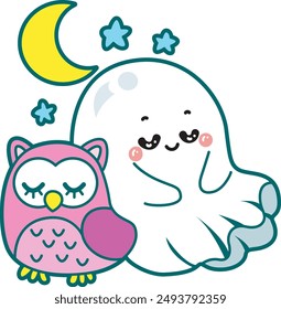 Illustration of cute white ghost icon.
Funny white ghost in activities stickers. A white cute ghost sleeping with purple owl